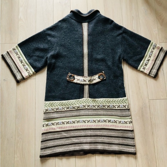 Tribal Wool Blend Jacquard Knitted Jacket in Grey & Cream Size L - Picture 3 of 15